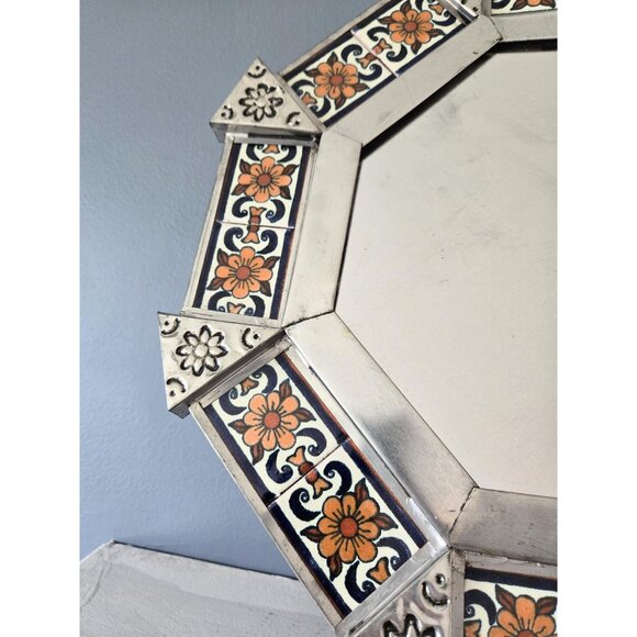 Mexican Punched Tin and Talavera Tile Octagonal Frame Floral Folk Art Boho Decor - Picture 2 of 8